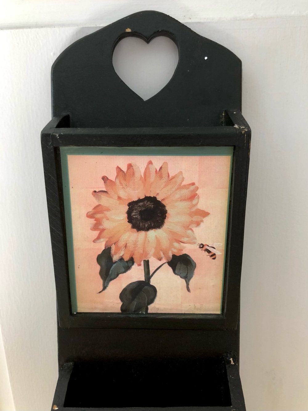 Vintage Black Wooden Heart Cut Out Sunflower Letter Organizer & Key Holder